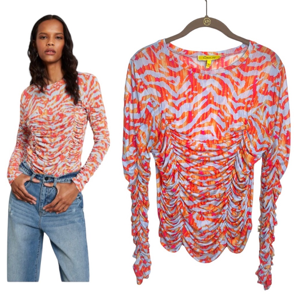 Circus NY Mesh Ruched Imogene Long Sleeve Animal Print top‎ sz LG
